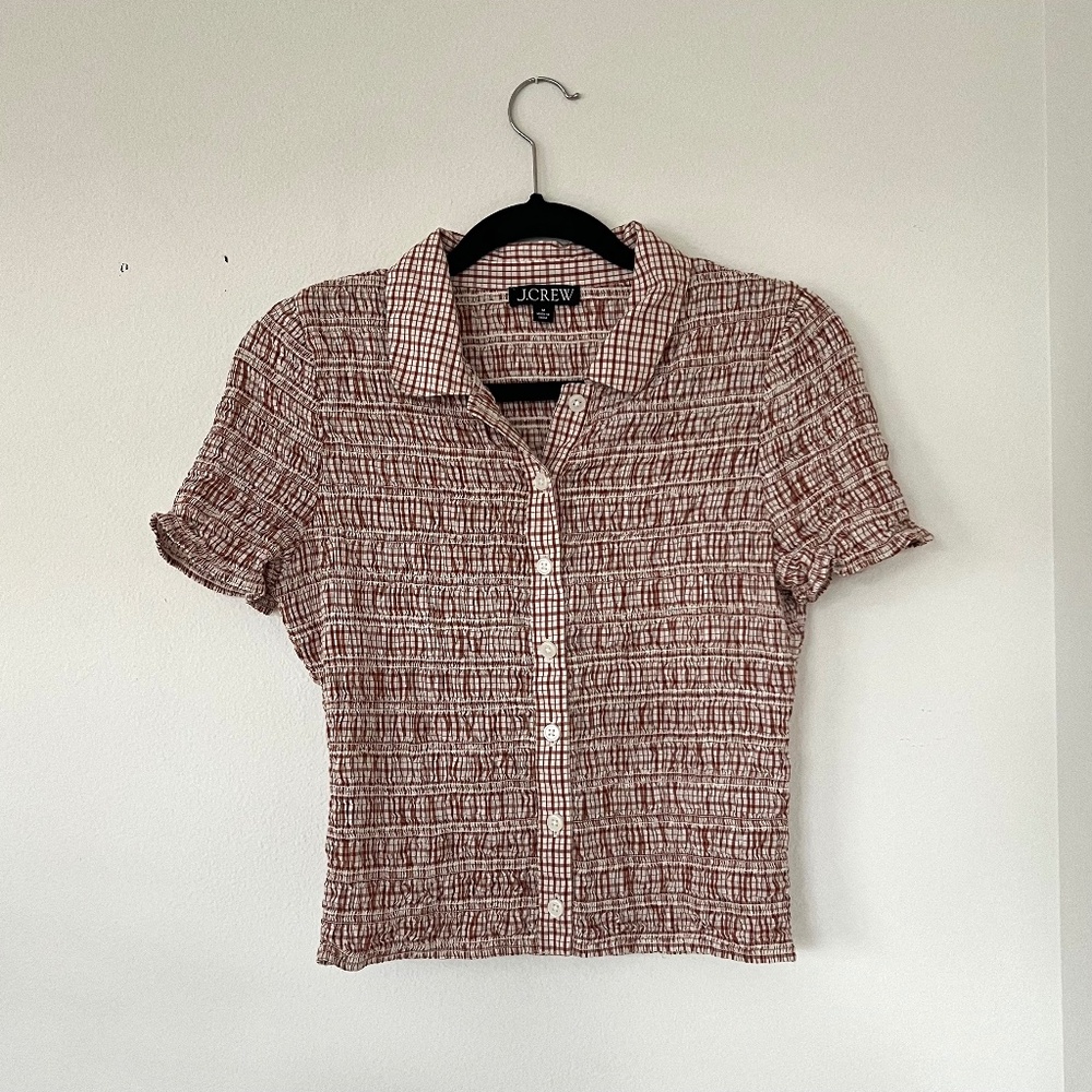 J. Crew Smocked Button-Up Shirt in Gingham Cotton Voile - Picture 3 of 8